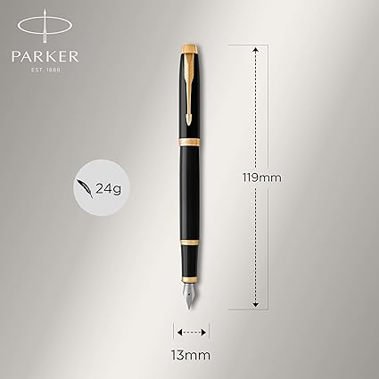 Parker IM Fountain Pen, Black Lacquer with Gold Trim, Fine Nib, Blue Ink Refill, Elegant Gift Box