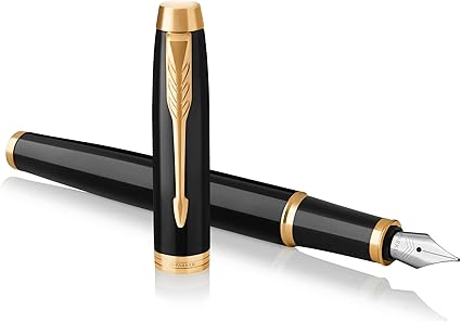 Parker IM Fountain Pen, Black Lacquer with Gold Trim, Fine Nib, Blue Ink Refill, Elegant Gift Box