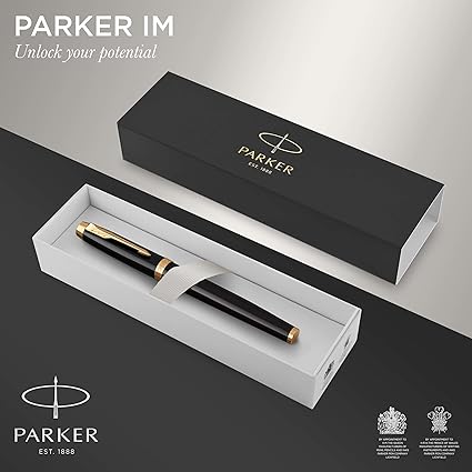 Parker IM Fountain Pen, Black Lacquer with Gold Trim, Fine Nib, Blue Ink Refill, Elegant Gift Box