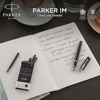 Parker IM Fountain Pen, Black Lacquer with Gold Trim, Fine Nib, Blue Ink Refill, Elegant Gift Box