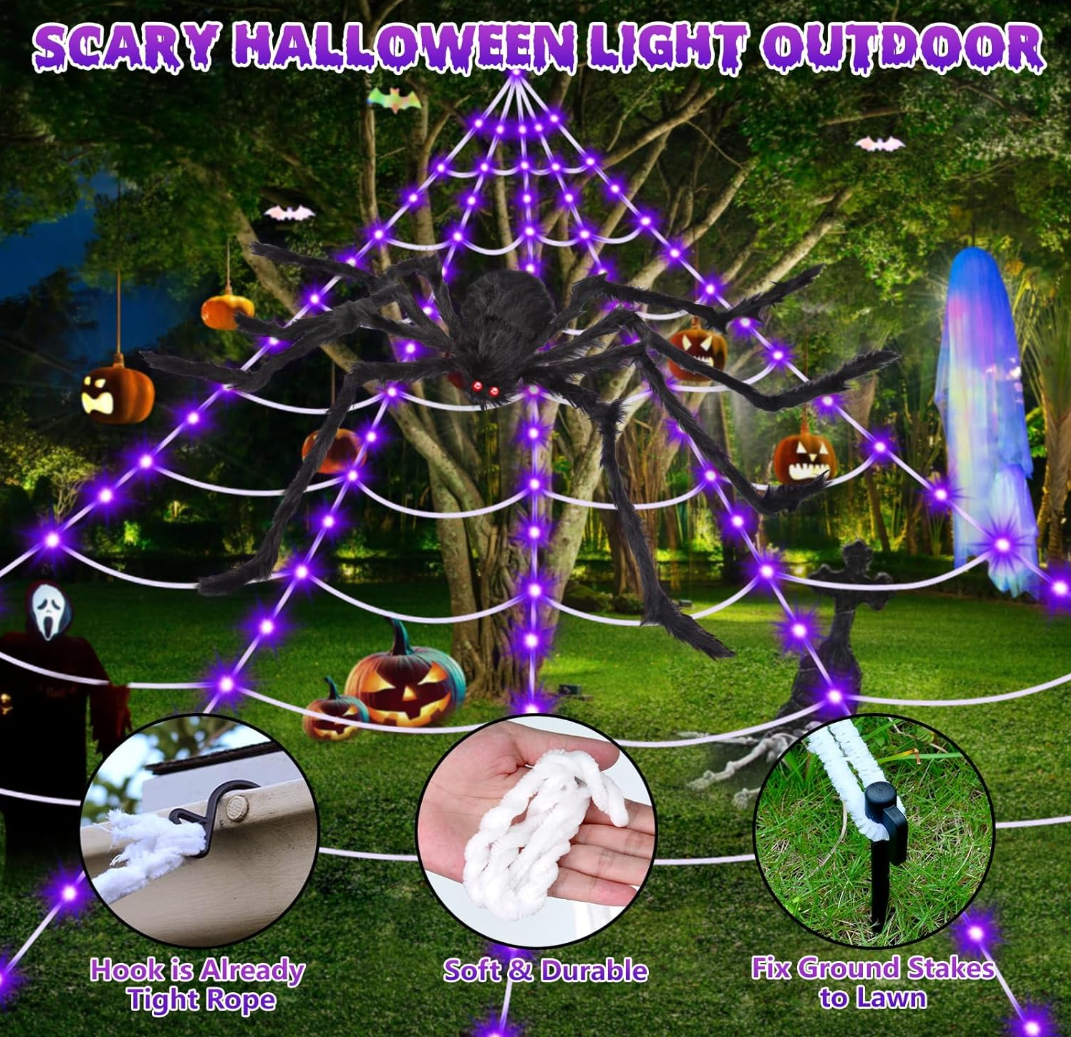 Halloween Decorations Spider Webs: Spider Web Lights 250 LED Purple Lights 59" Giant Spider Scary Halloween Decorations Outdoor Indoor for Party Garden Home Costumes Yard Haunted House