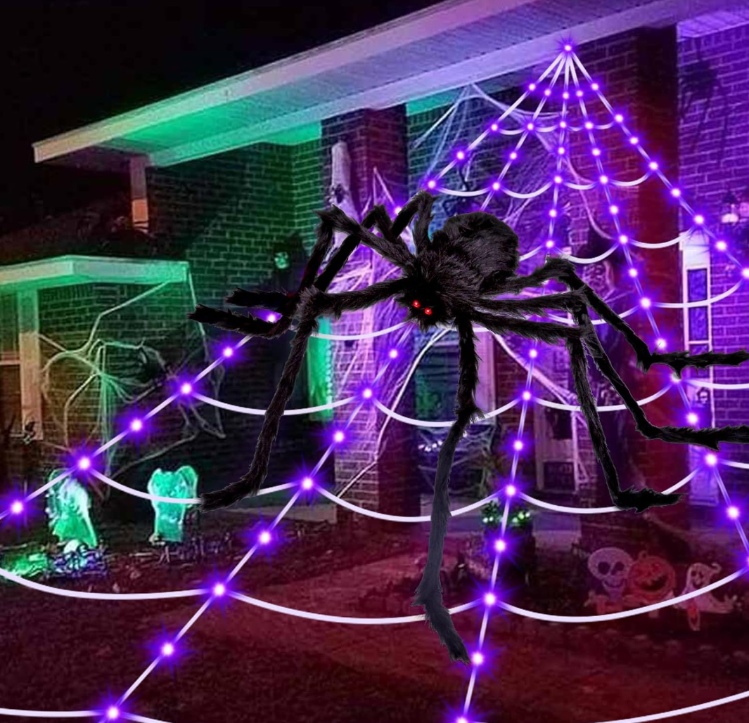 Halloween Decorations Spider Webs: Spider Web Lights 250 LED Purple Lights 59" Giant Spider Scary Halloween Decorations Outdoor Indoor for Party Garden Home Costumes Yard Haunted House