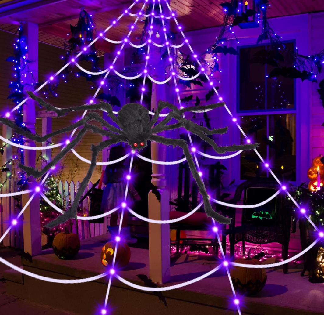 Halloween Decorations Spider Webs: Spider Web Lights 250 LED Purple Lights 59" Giant Spider Scary Halloween Decorations Outdoor Indoor for Party Garden Home Costumes Yard Haunted House
