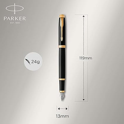 Parker IM Fountain Pen, Black Lacquer with Gold Trim, Fine Nib, Blue Ink Refill, Elegant Gift Box