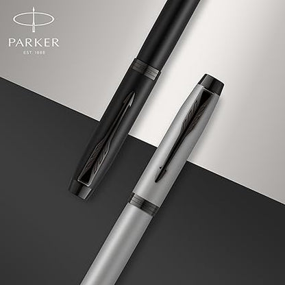 Parker IM Fountain Pen, Black Lacquer with Gold Trim, Fine Nib, Blue Ink Refill, Elegant Gift Box
