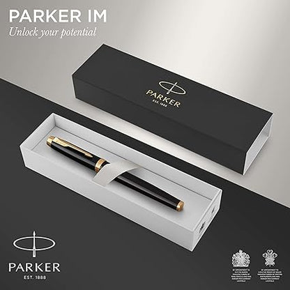 Parker IM Fountain Pen, Black Lacquer with Gold Trim, Fine Nib, Blue Ink Refill, Elegant Gift Box