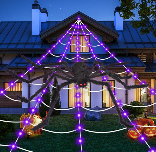 Halloween Decorations Spider Webs: Spider Web Lights 250 LED Purple Lights 59" Giant Spider Scary Halloween Decorations Outdoor Indoor for Party Garden Home Costumes Yard Haunted House